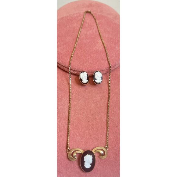 Vintage Van Dell 12K GF Cameo Lady Black Onyx Glass Necklace with Earrings - Picture 2 of 14